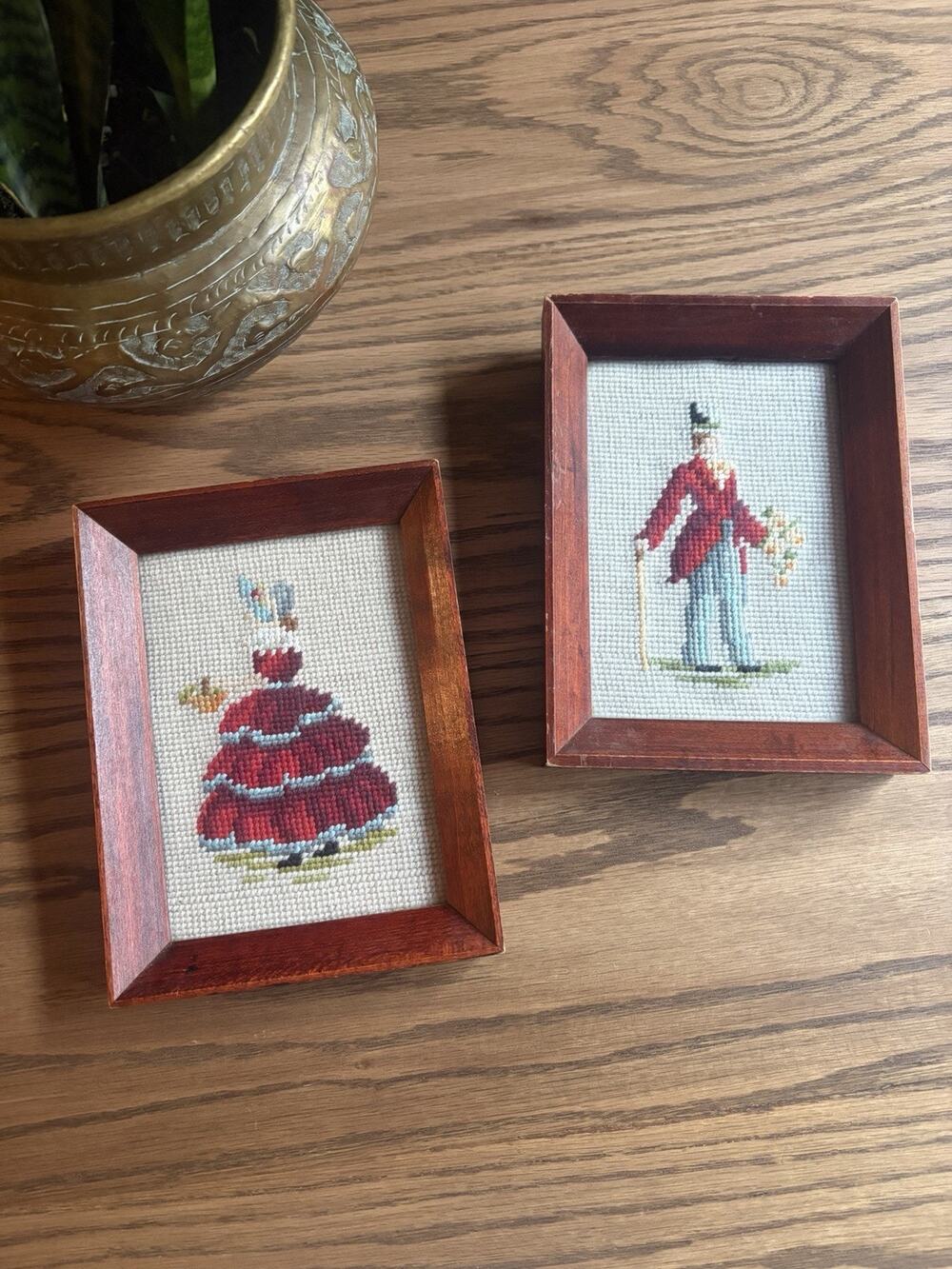 Vintage Framed Needlepoints Courting Couple Handmade With Wood Frames Set Of 2
